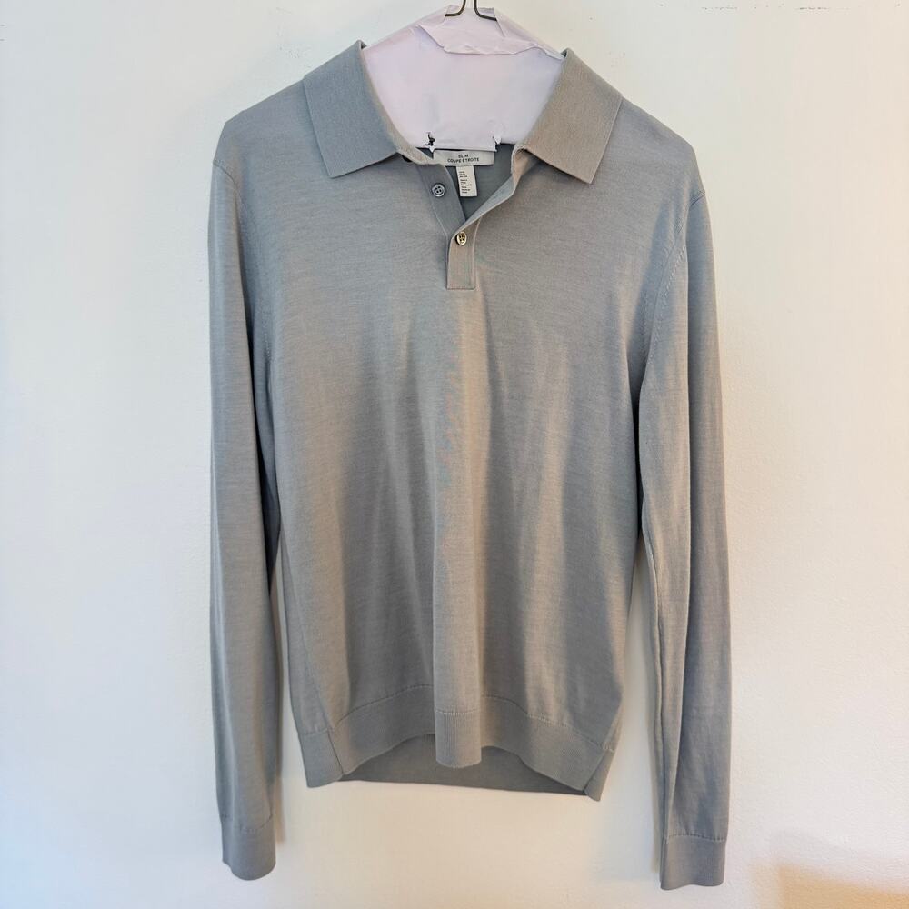 COS Men's Merino Wool Knit Polo Shirt Light Blue Gray Long Sleeve XS Slim Office